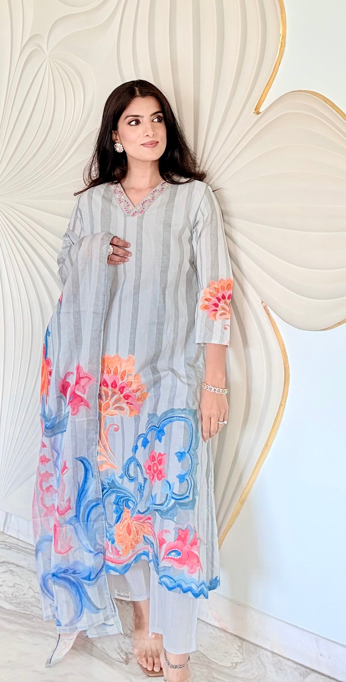 Neel Dhara – Grey & Blue Voile Cotton Suit