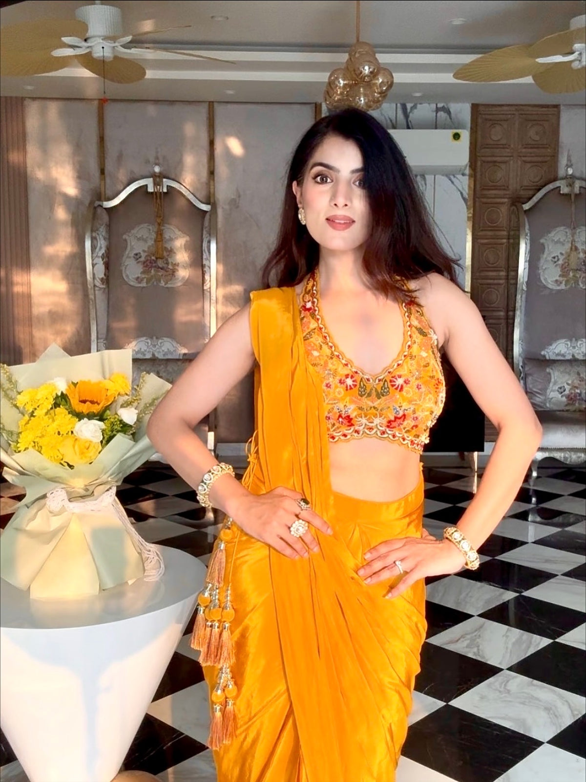 Sunset yellow Drape Saree
