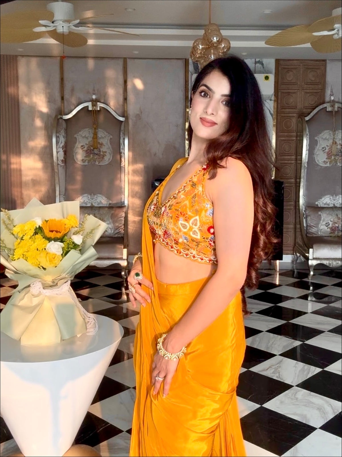 Sunset yellow Drape Saree