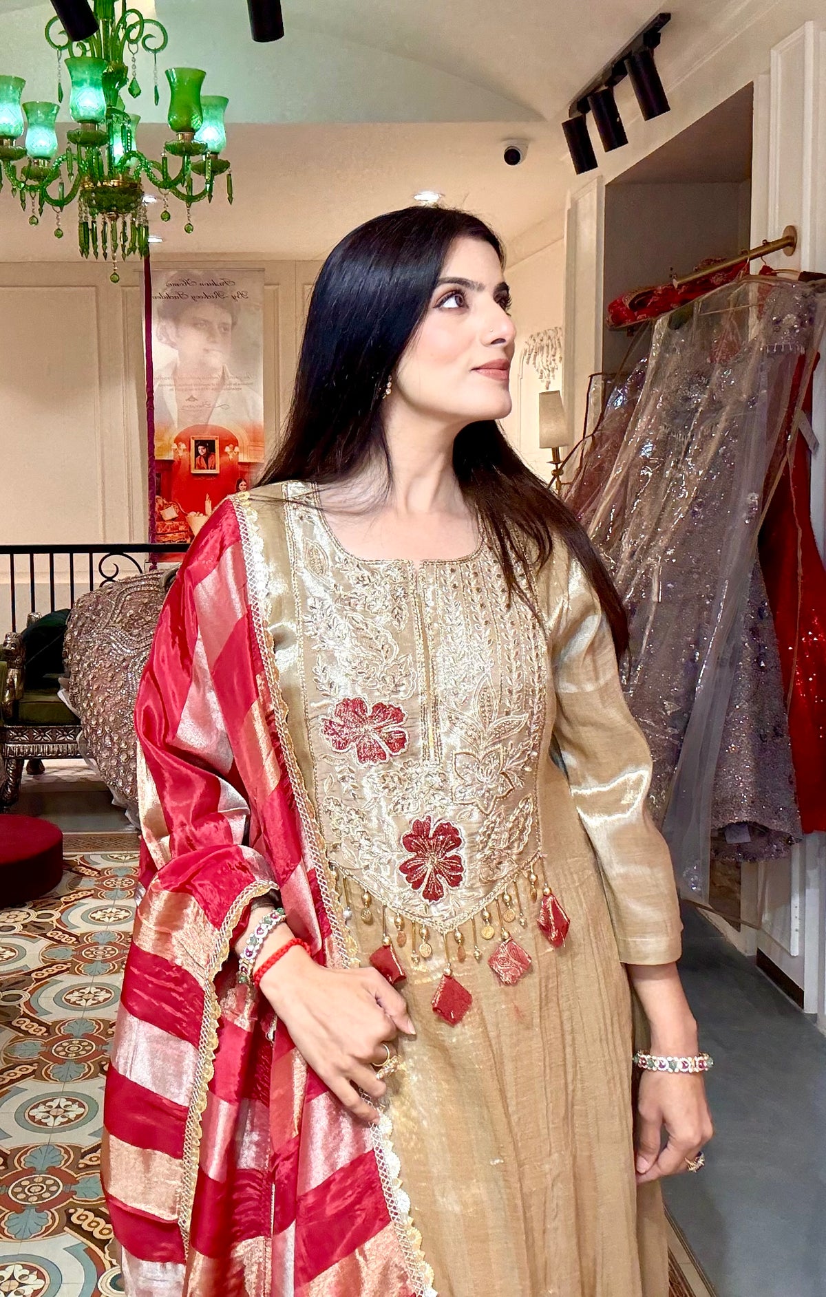 Golden Tissue Anarkali Suit