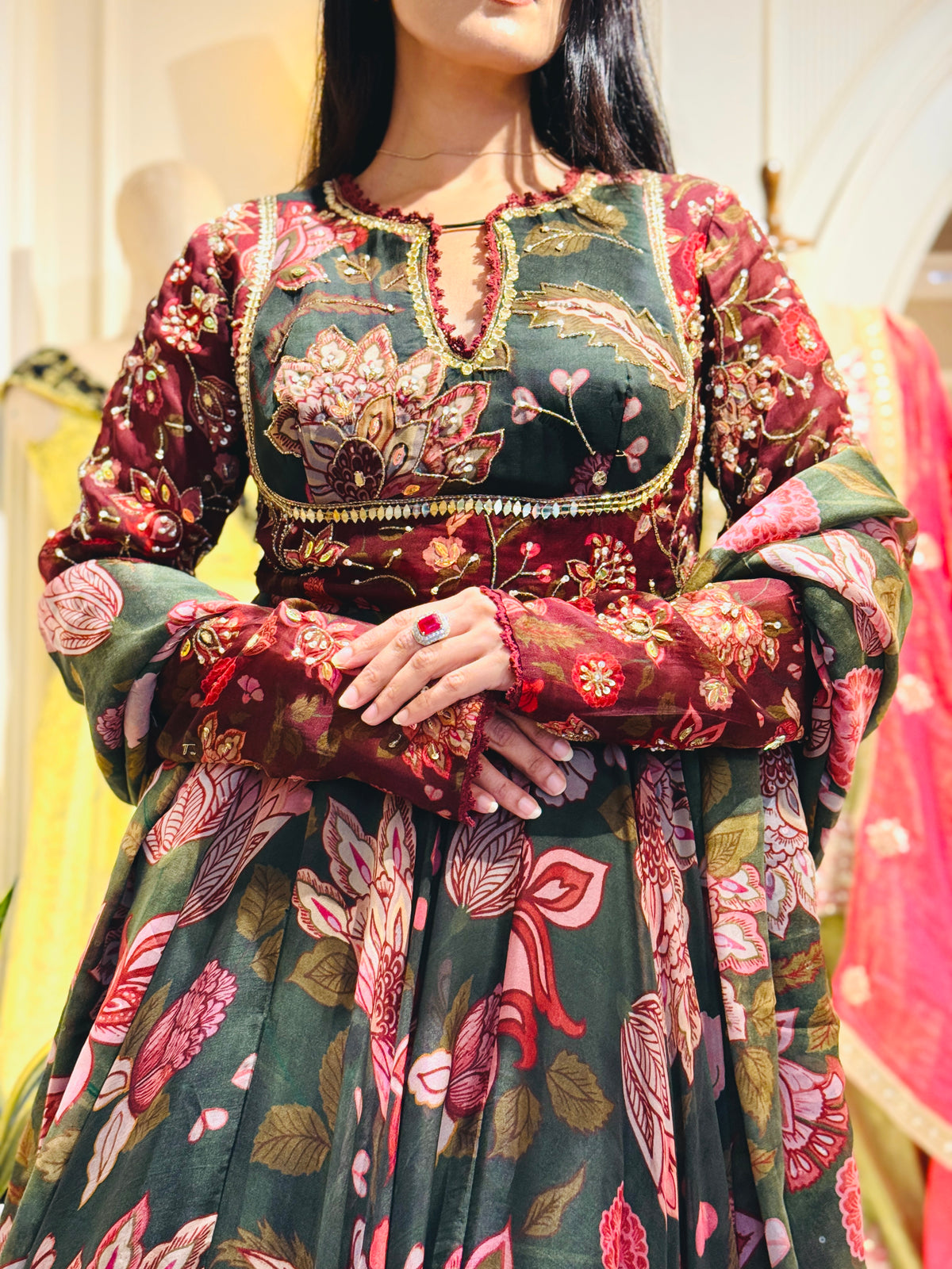 Green Floral Anarkali Suit