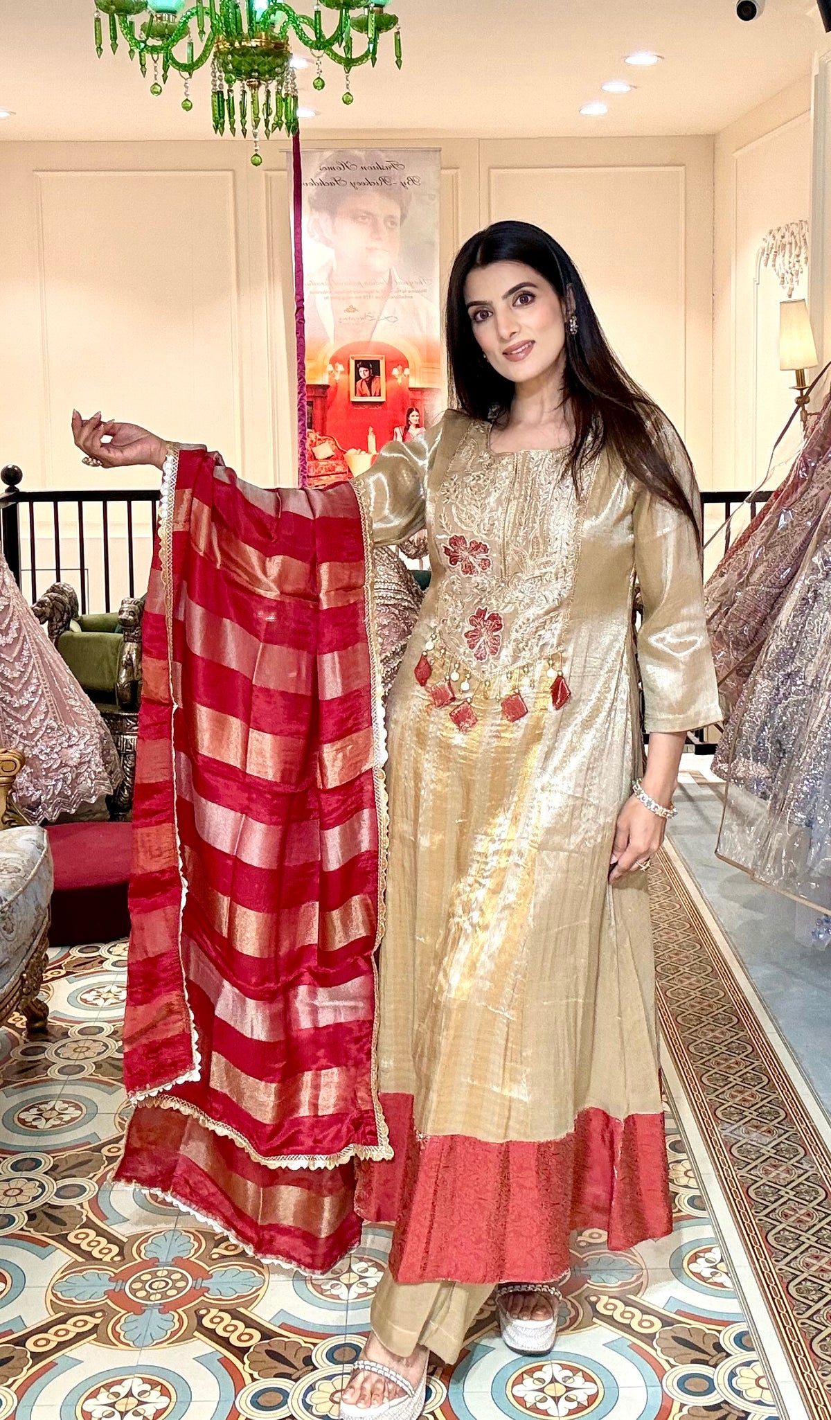Golden Tissue Anarkali Suit