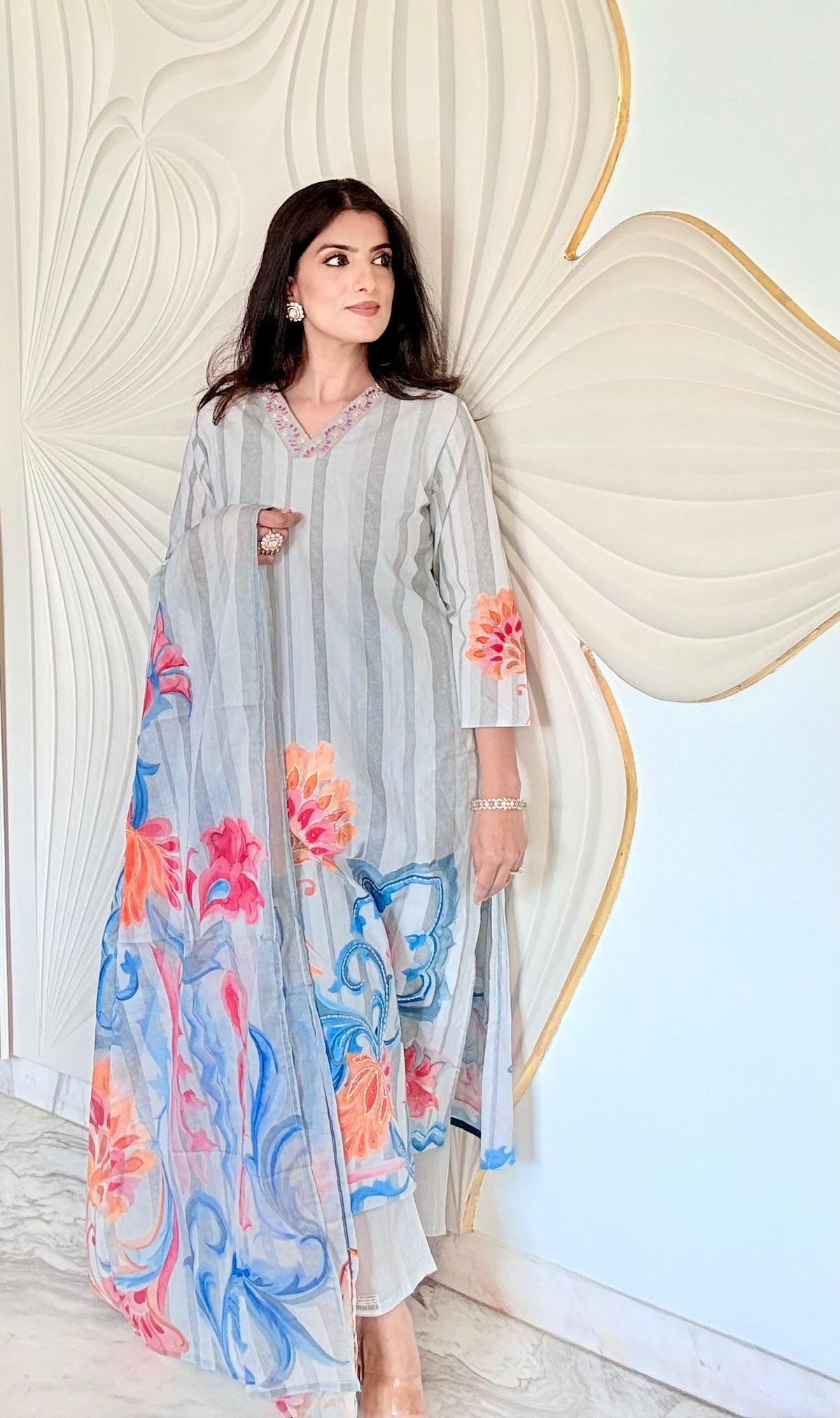 Neel Dhara – Grey & Blue Voile Cotton Suit