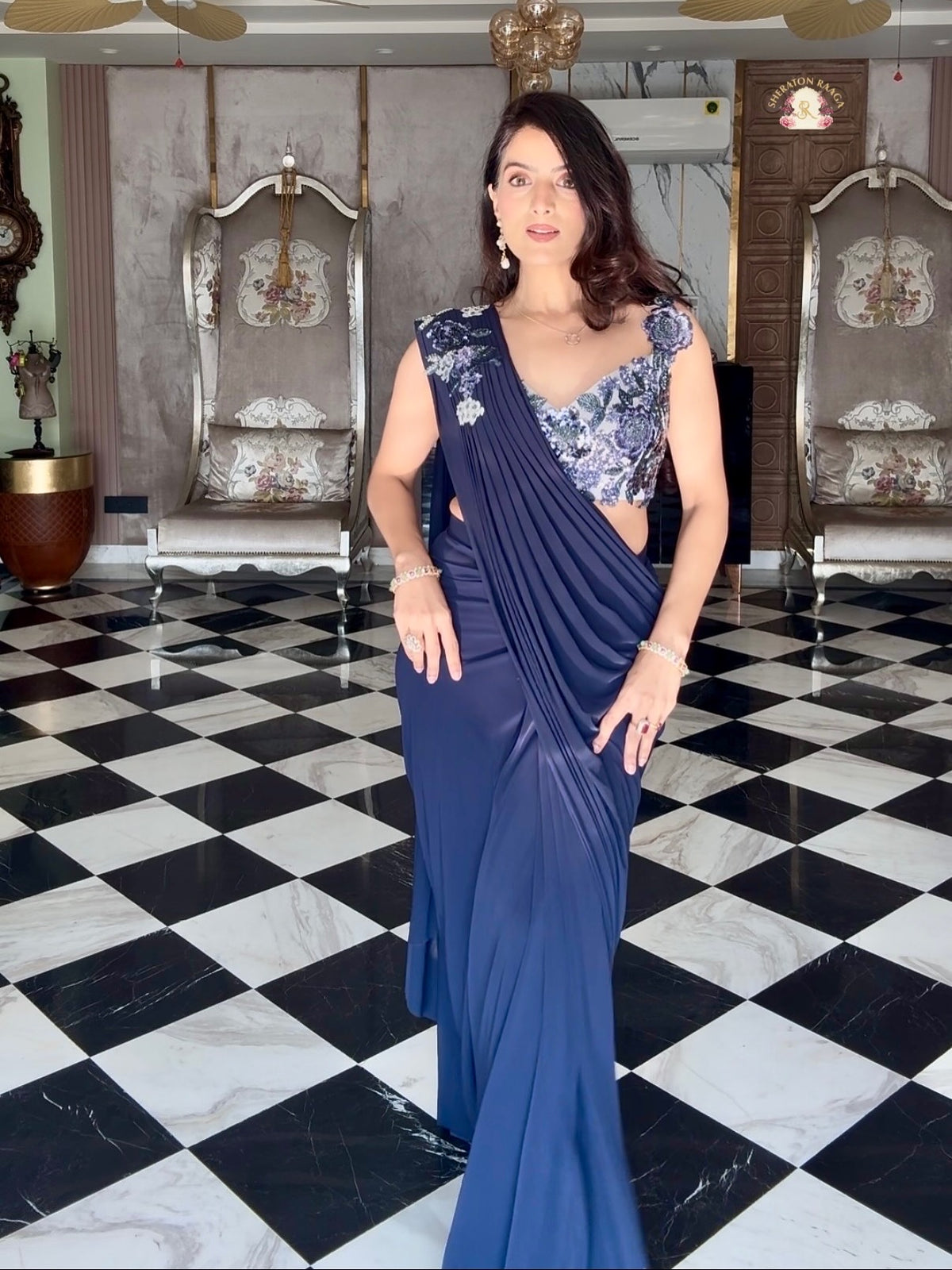 Midnight Navy Blue Pre-Draped Saree