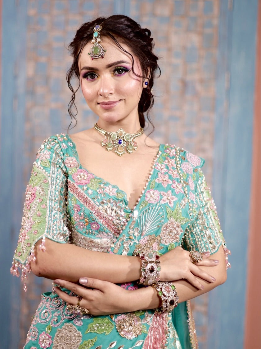 Turquoise luxe Pre Drape Lehenga
