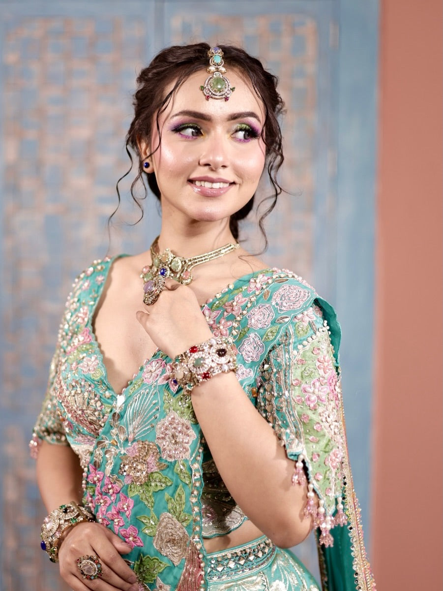 Turquoise luxe Pre Drape Lehenga