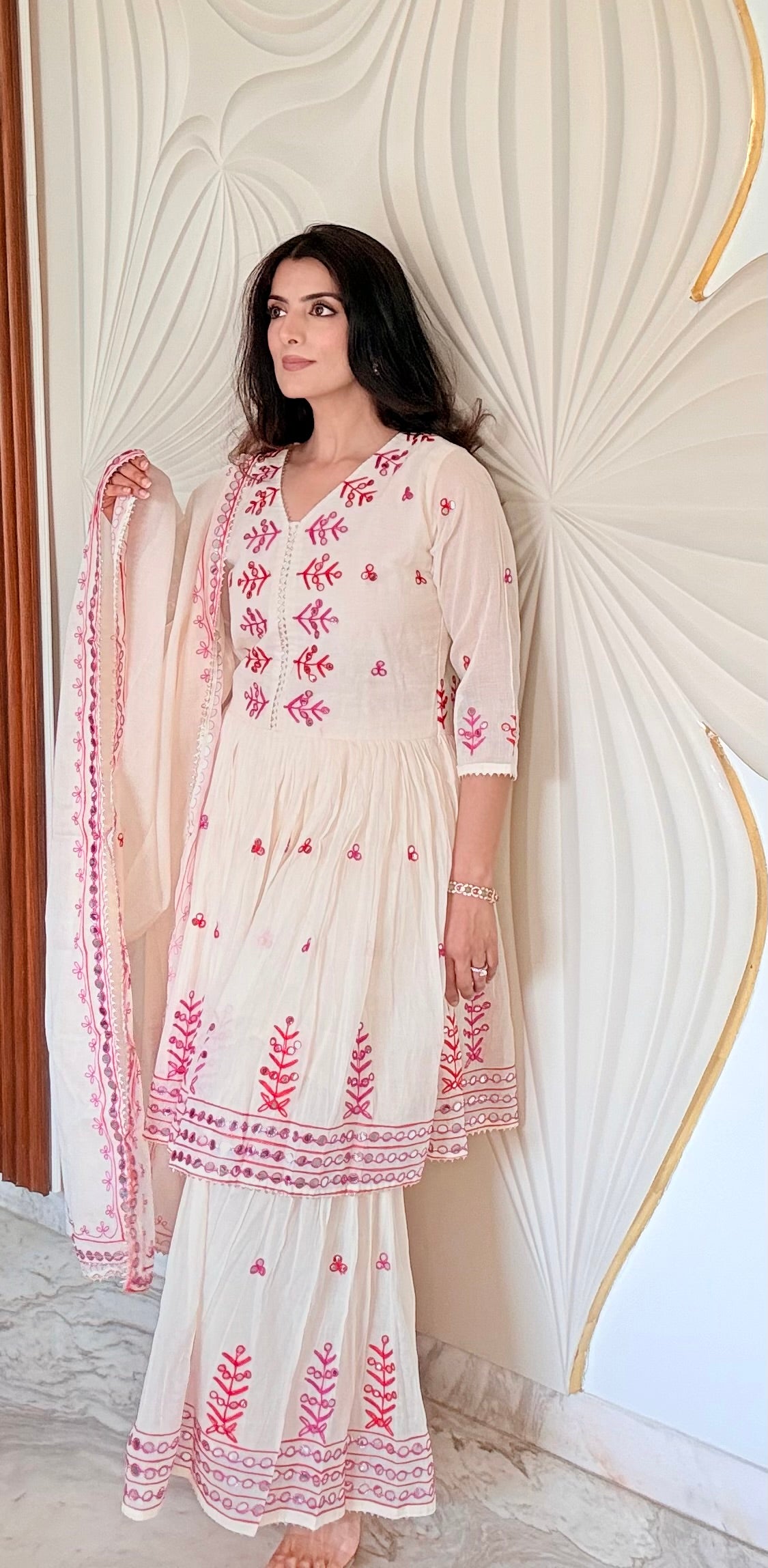 Ivory Pure Cotton Anarkali Sharara Set