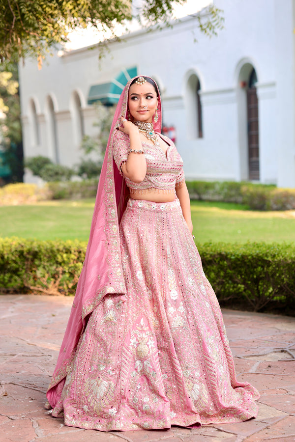 Blush Pink Zari And Mirror Lehenga