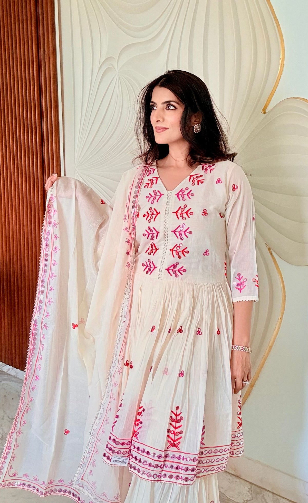 Ivory Pure Cotton Anarkali Sharara Set