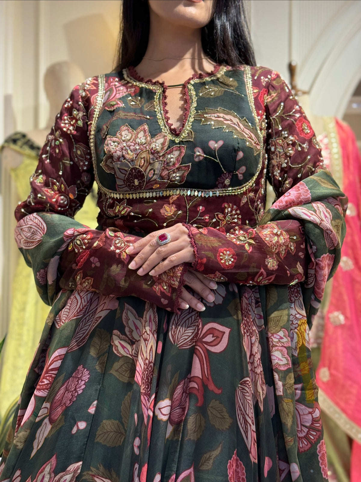 Green Floral Anarkali Suit