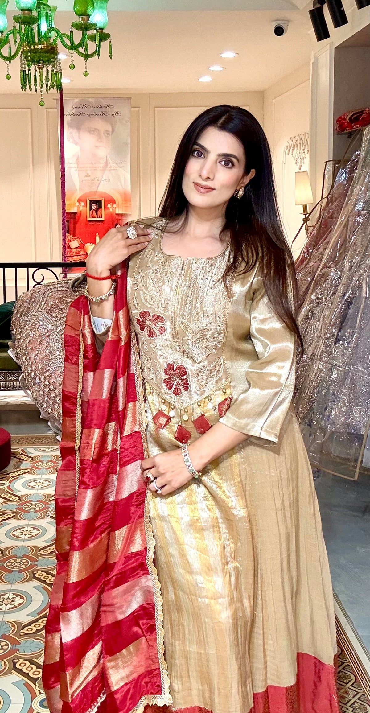 Golden Tissue Anarkali Suit