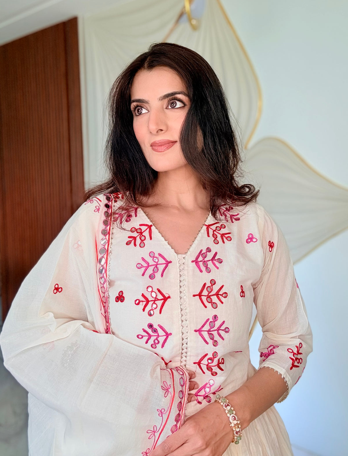 Ivory Pure Cotton Anarkali Sharara Set