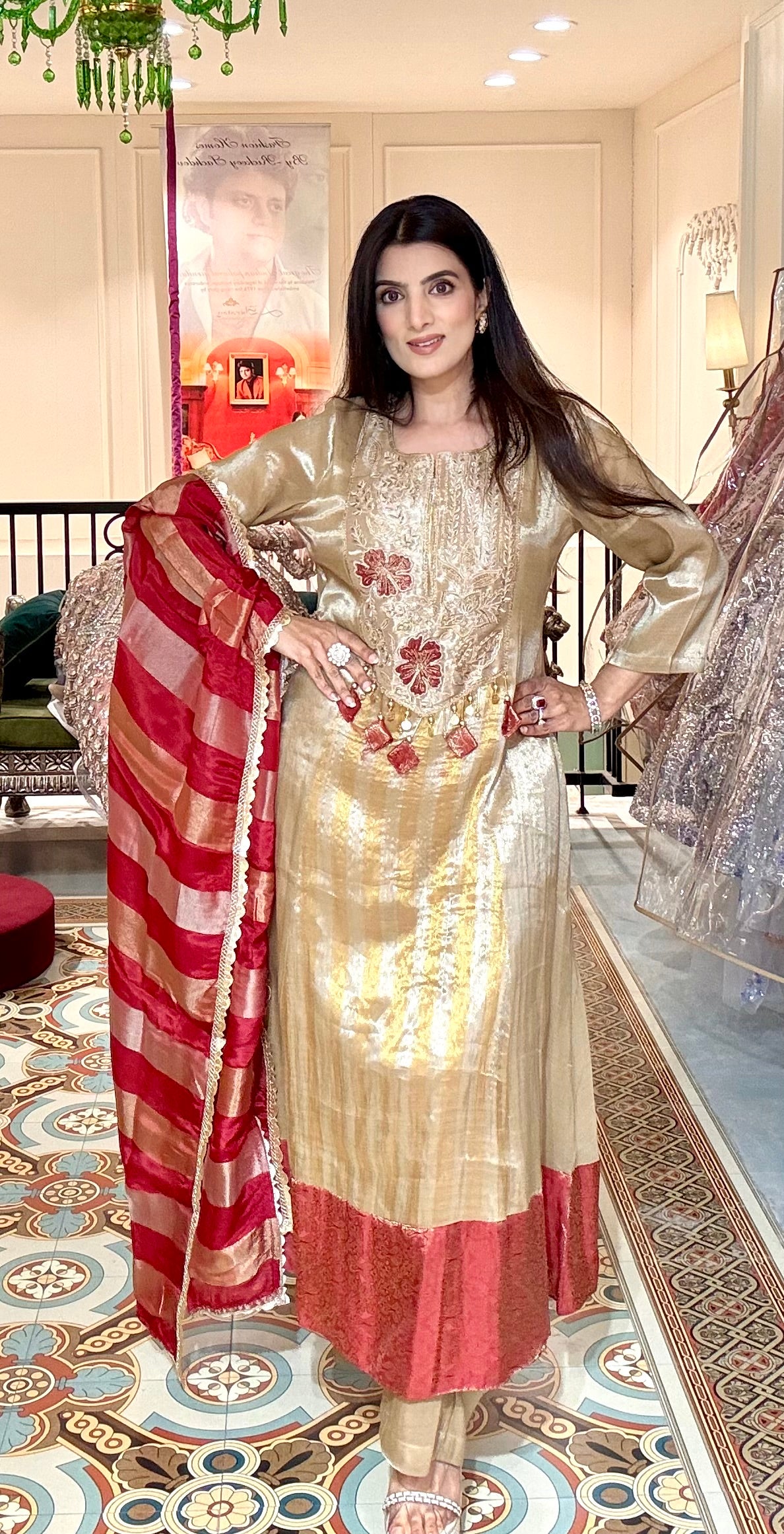 Golden Tissue Anarkali Suit