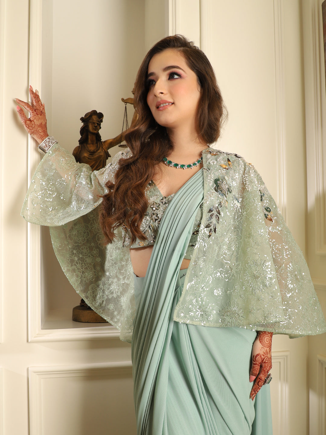 Méhira – Mint Green Crystal Pre-Draped Saree
