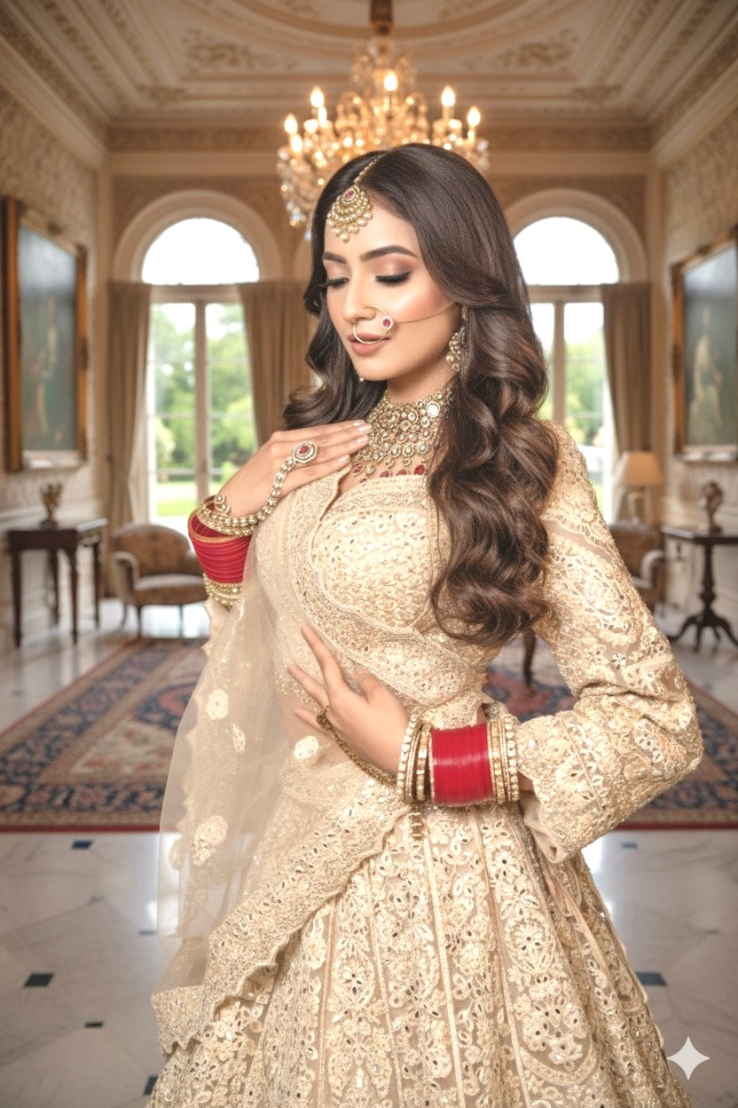 Champagne Gold Heavy Embroidered Bridal Lehenga Set