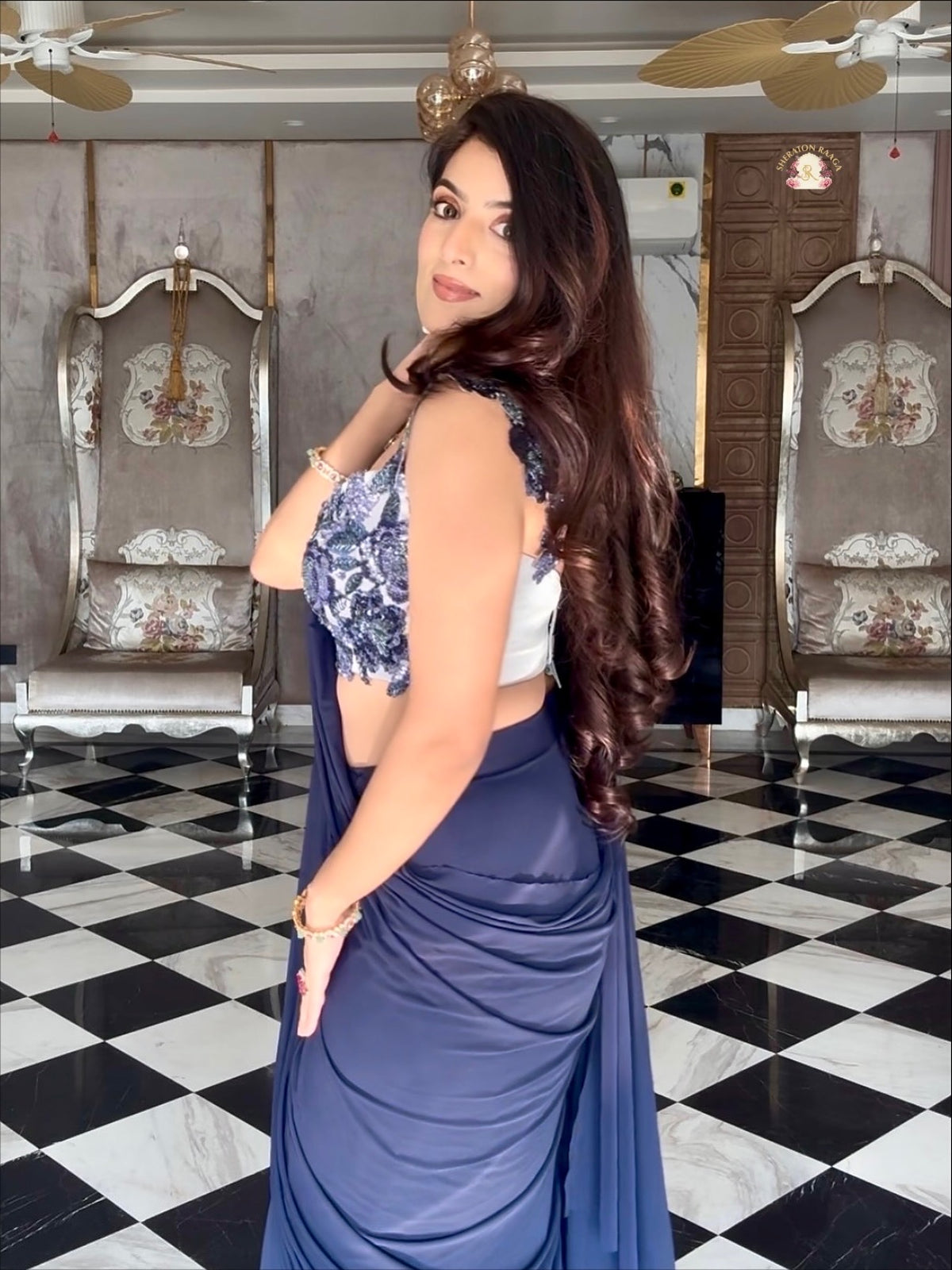 Midnight Navy Blue Pre-Draped Saree
