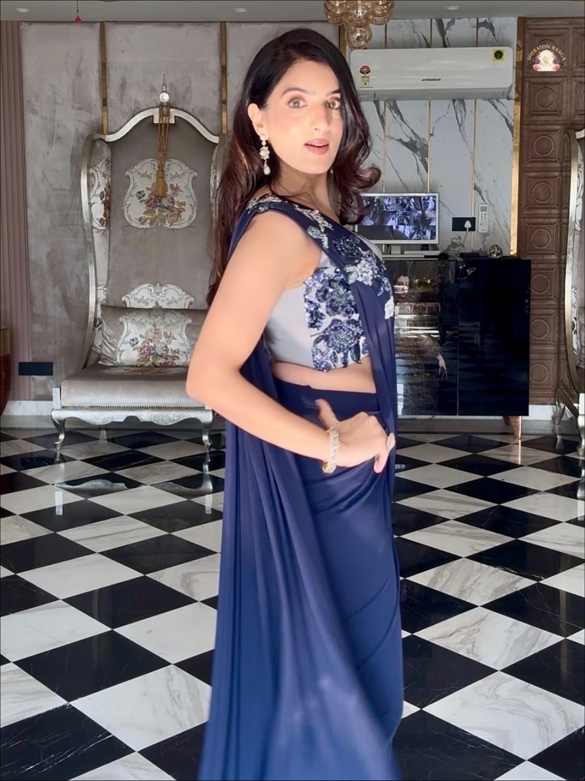 Midnight Navy Blue Pre-Draped Saree