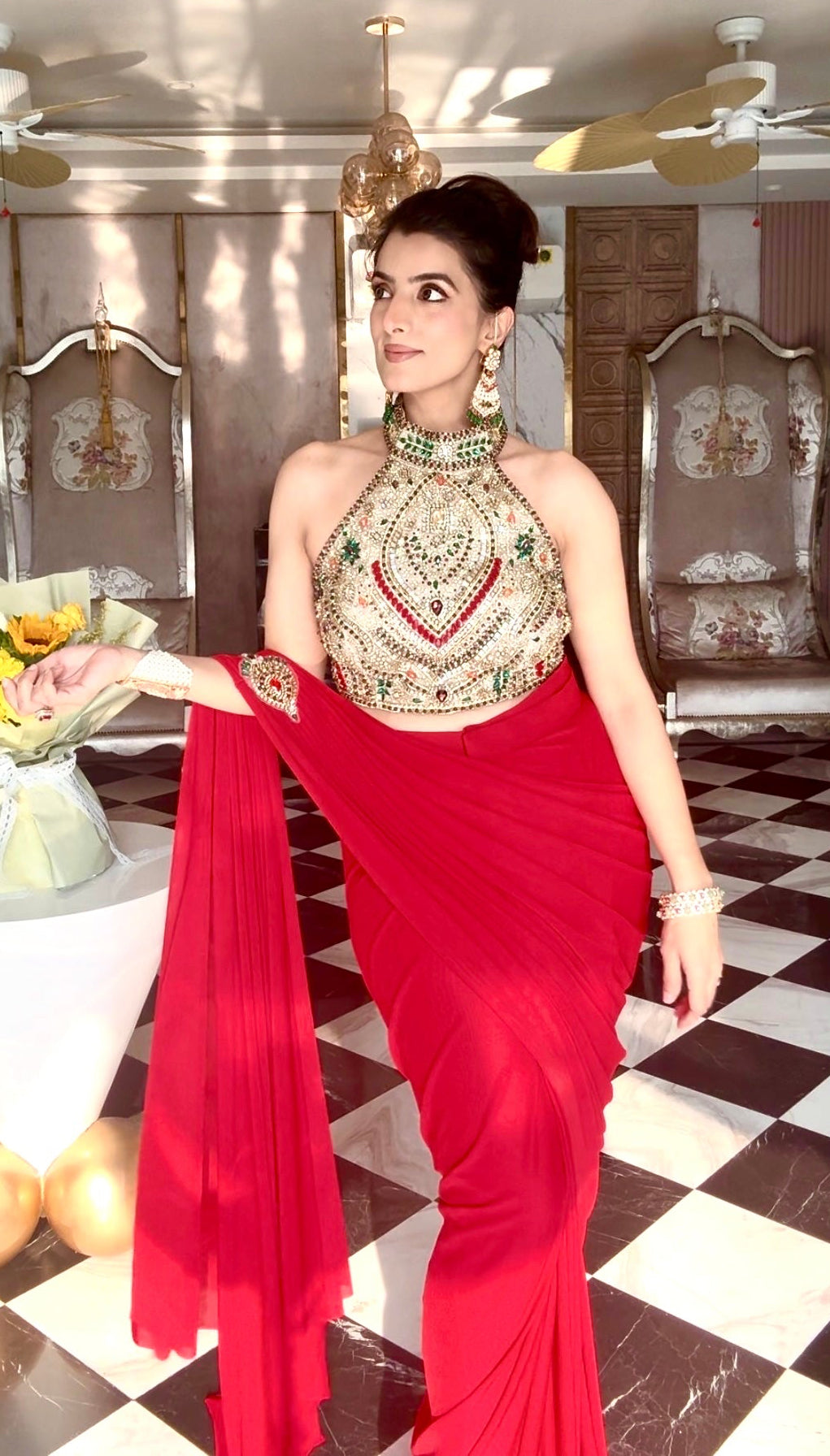 Crimson Red Pre-Draped embellished saree