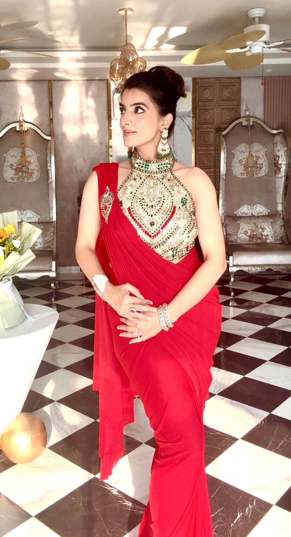 Crimson Red Pre-Draped embellished saree