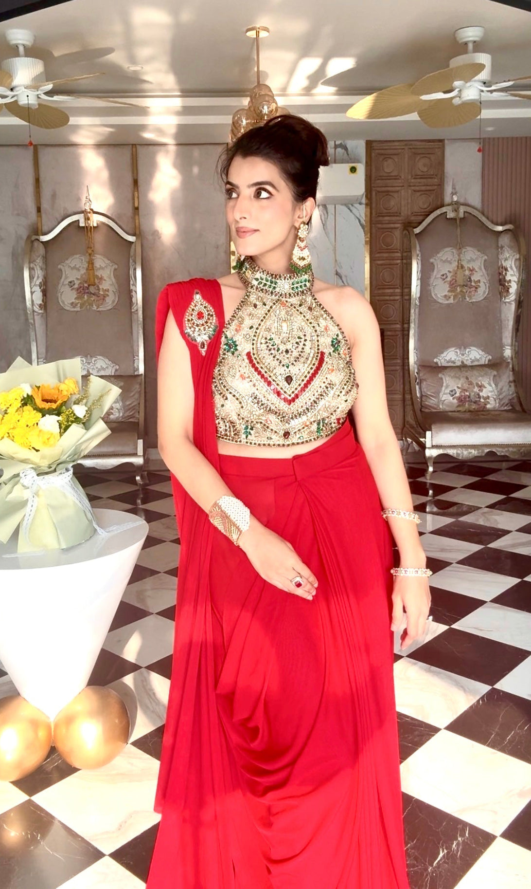 Crimson Red Pre-Draped embellished saree