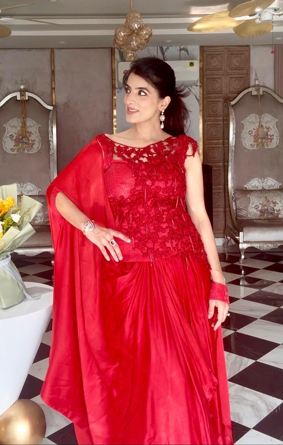 Red Pre-Draped Gown Saree
