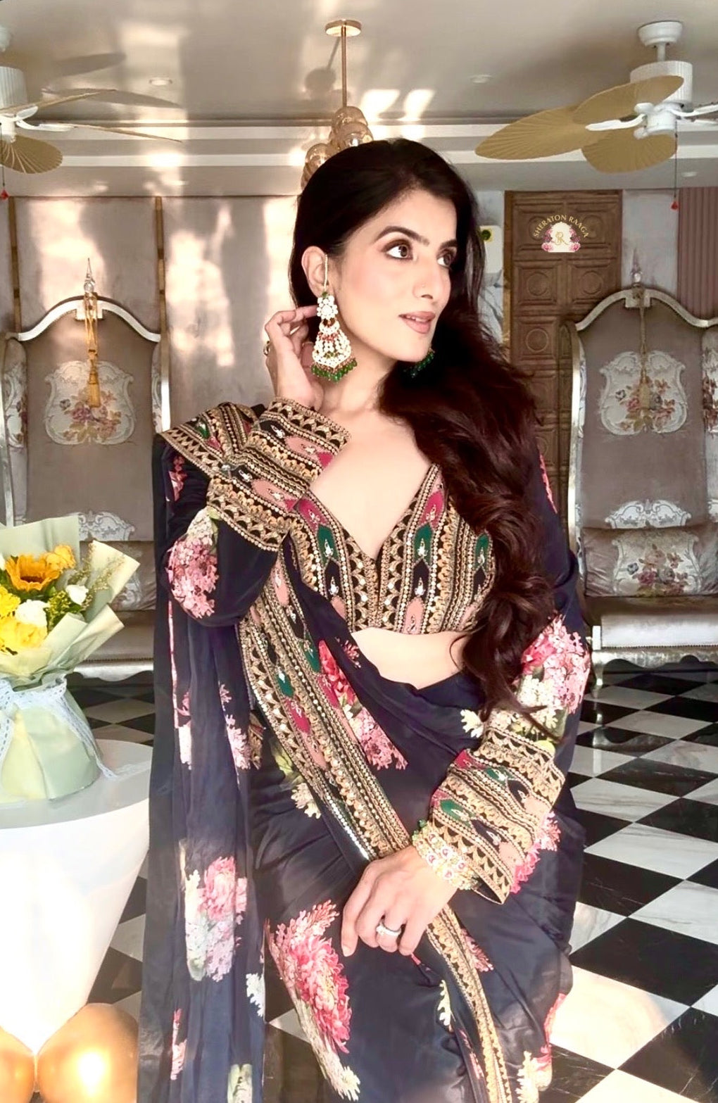 Floral Printed Crepe pre drape  Saree