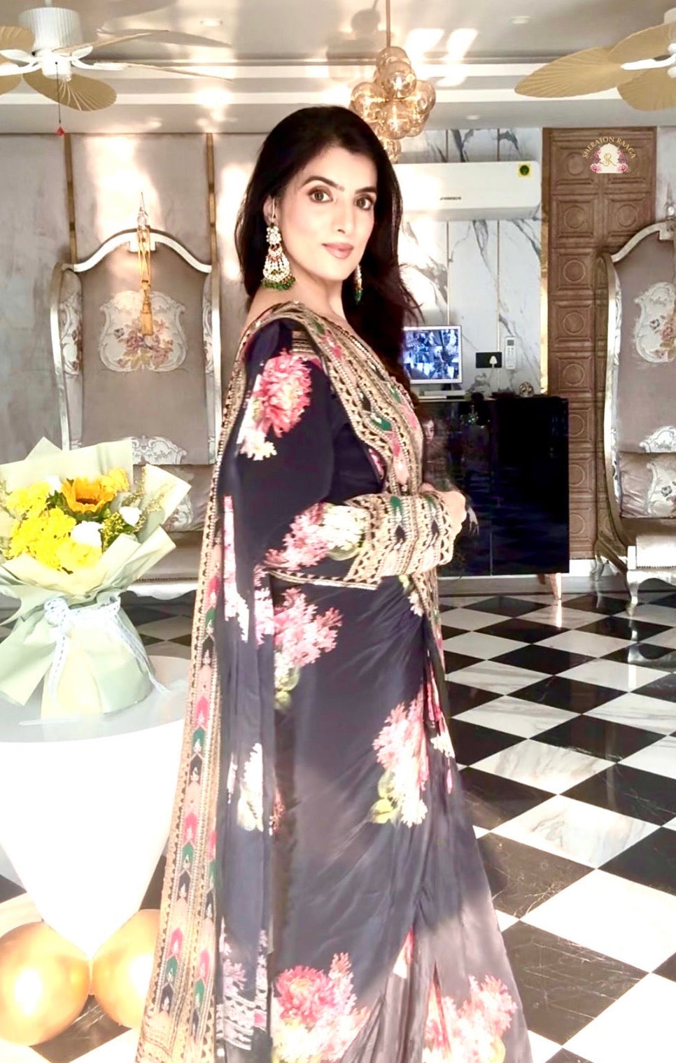 Floral Printed Crepe pre drape  Saree