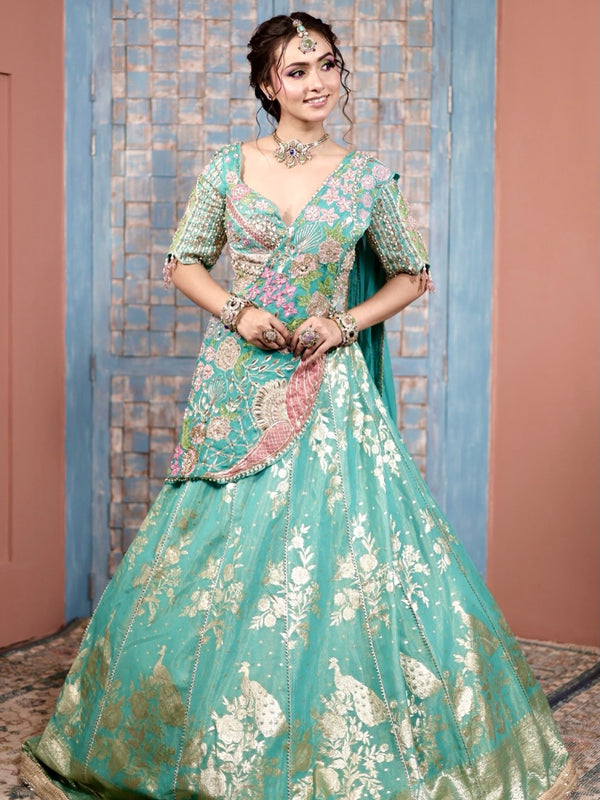 Turquoise luxe Pre Drape Lehenga