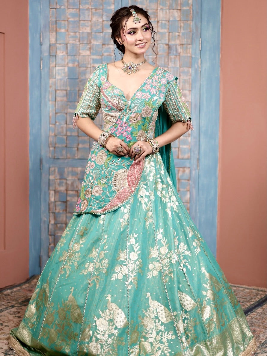 Turquoise luxe Pre Drape Lehenga