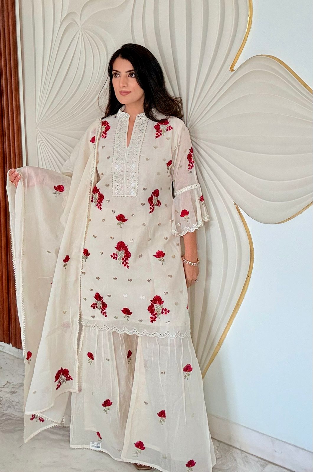Ivory Floral Embroidered Sharara Set