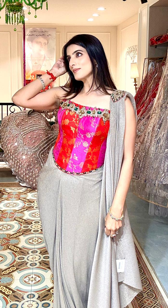 Multicolor Crystal Drape Saree